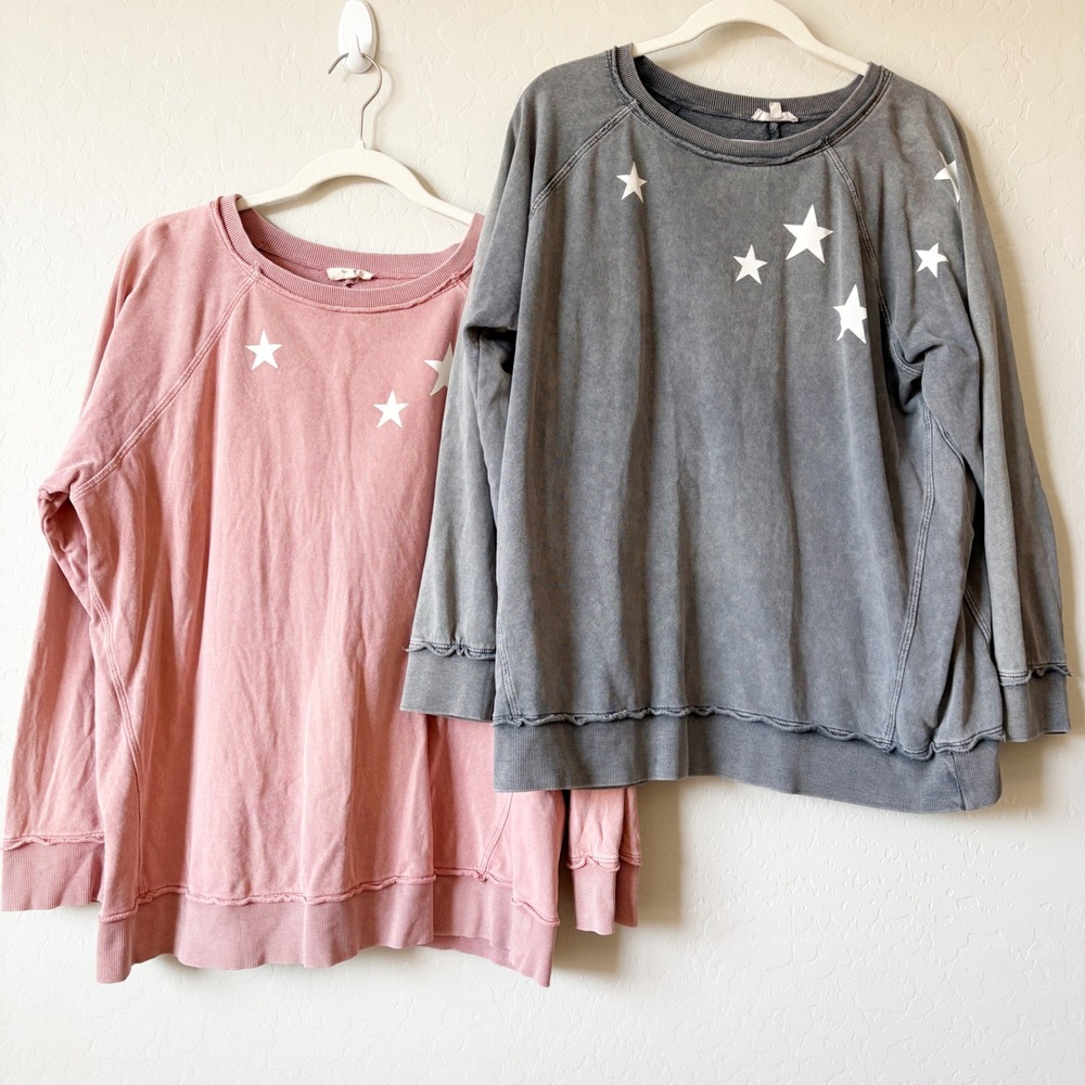 Easel Womens Bundle Lot (2) Star Print Boho Celestial Oversized Sweatshirt 1X